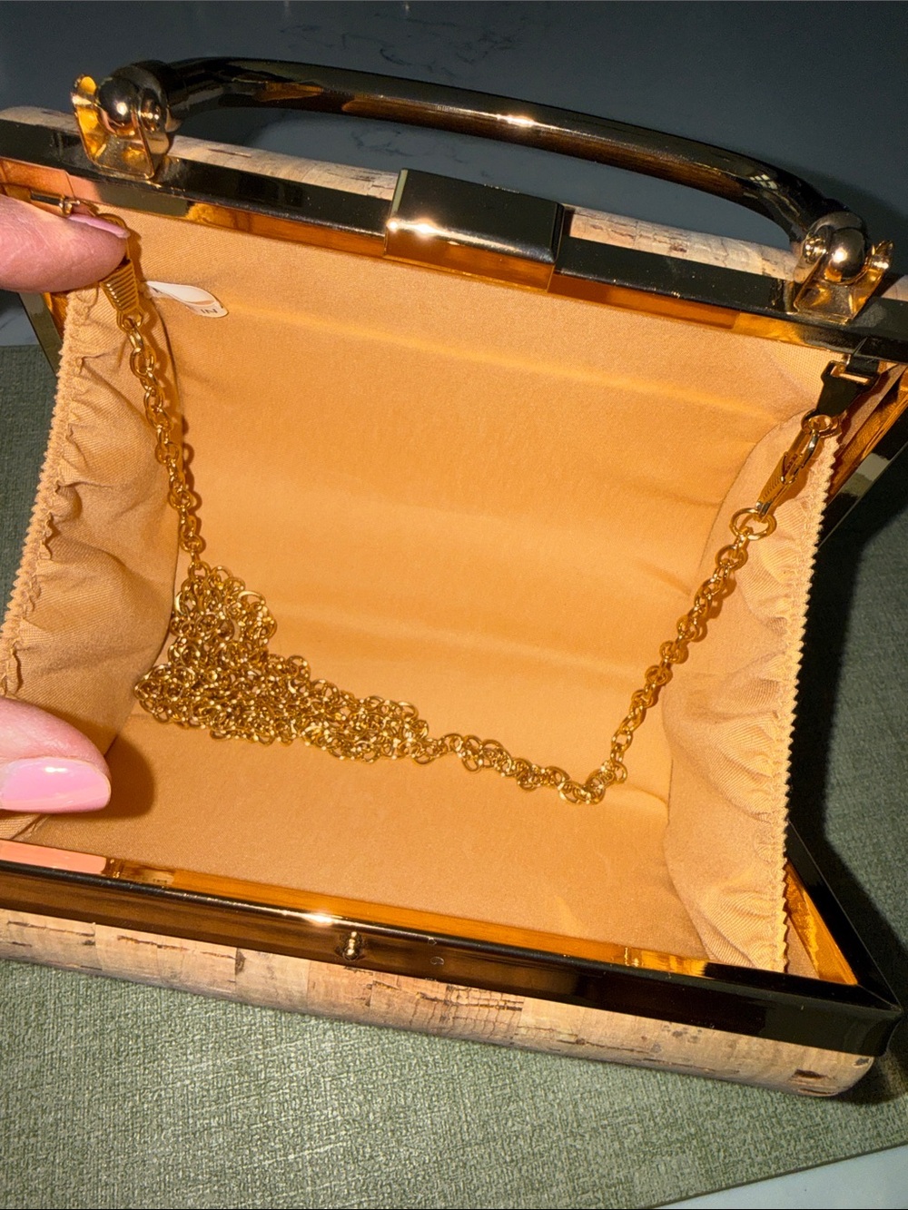 Natural Cork Hard Framed Mini Handbag with Gold Detail NEW - Picture 6 of 11